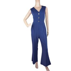 New Kinikiss Women Navy Sleeveless V-Neck Flare Leg Cropped Jumpsuit Size L